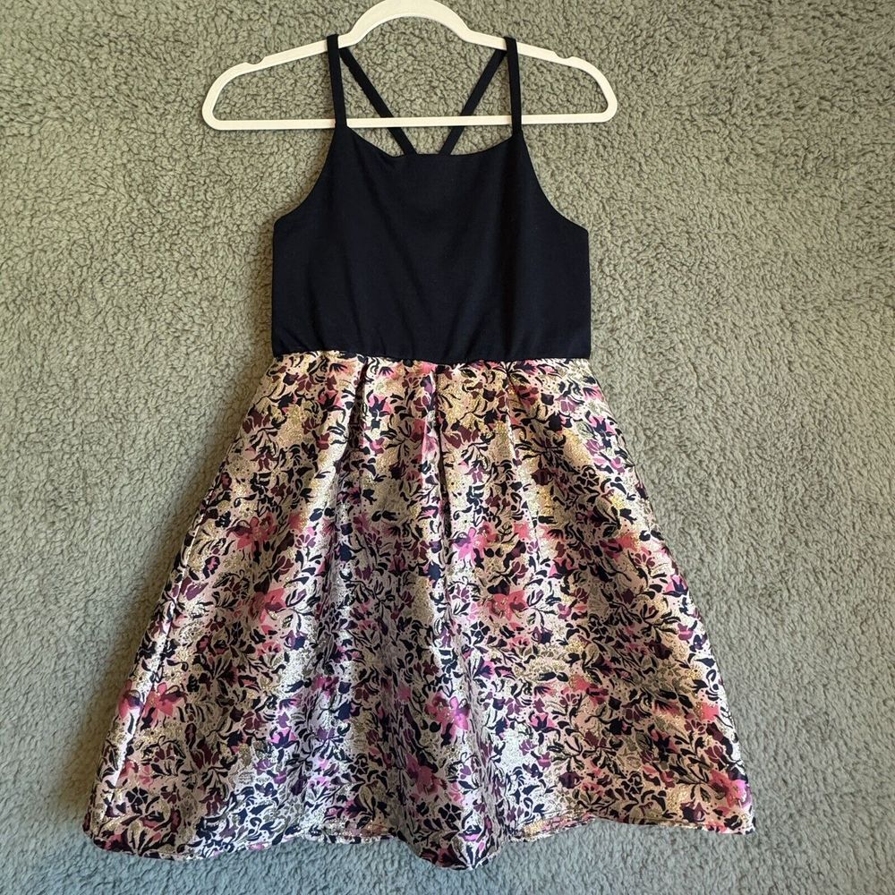 Trixxi Girl Blue Pink Gold Glitter Floral Dress Criss Cross Straps Lined Size 16